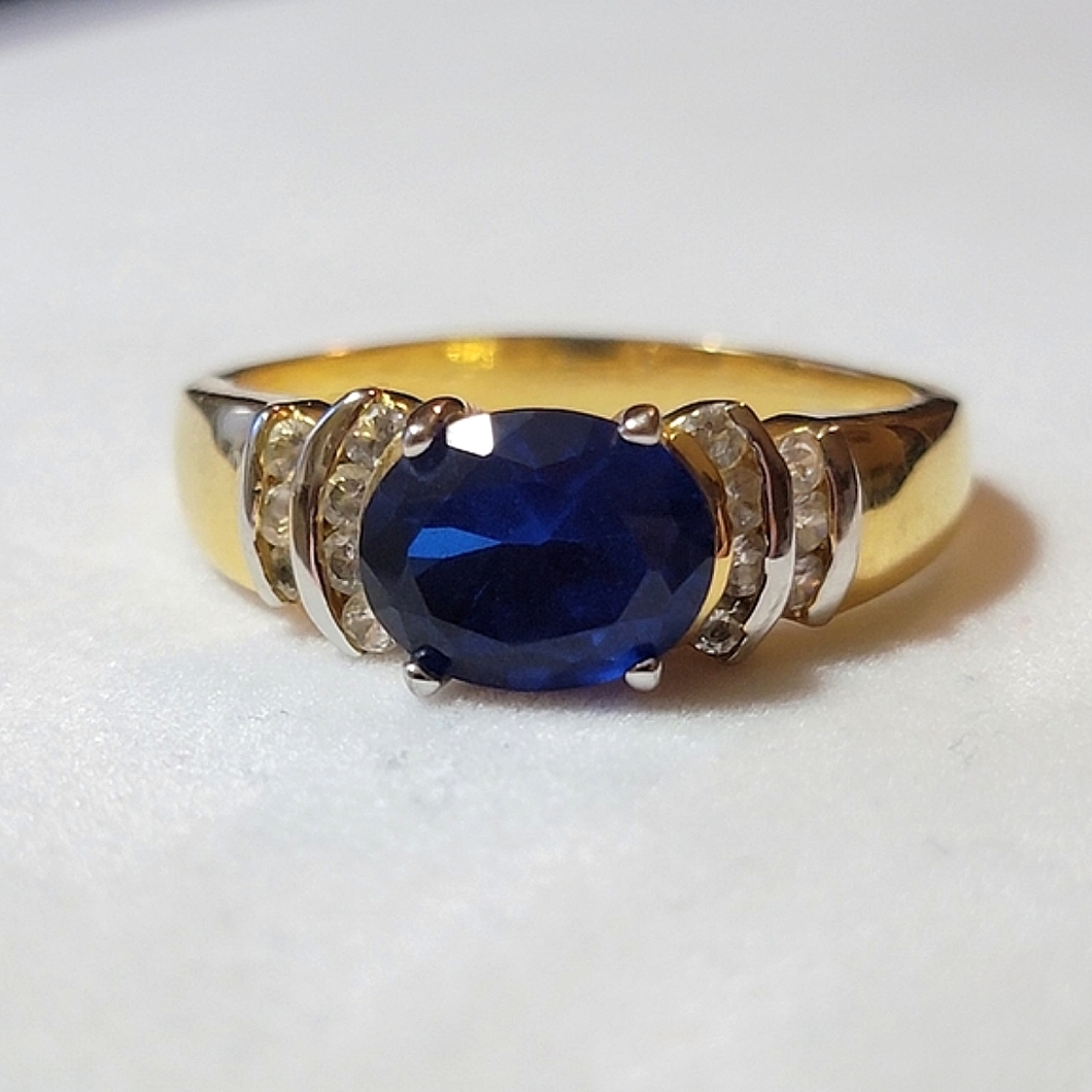 Oval Cut Blue Sapphire and Diamond Simulated Stone Ring Size 12.5 Gold Tone - Picture 5 of 10